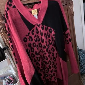 Ruby Rd. V-Neck Sweater - Red and Black Leopard Print